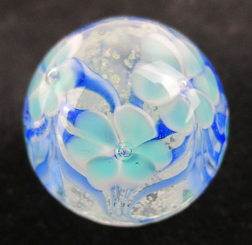 22mm ASTER Blue Flower GLOW IN THE DARK Handmade art glass Marble 7/8" SHOOTER