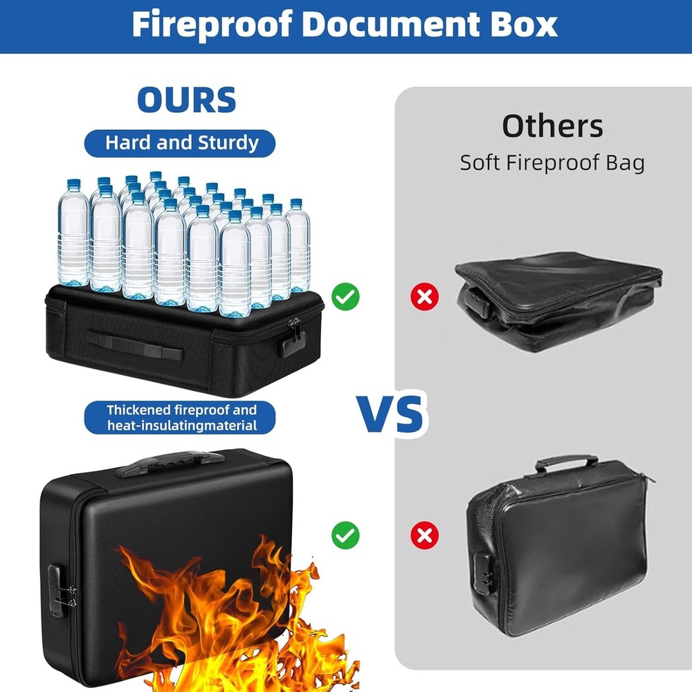 Fireproof Document Box with Lock Hard Case File Organizer Fire Safe Waterproof
