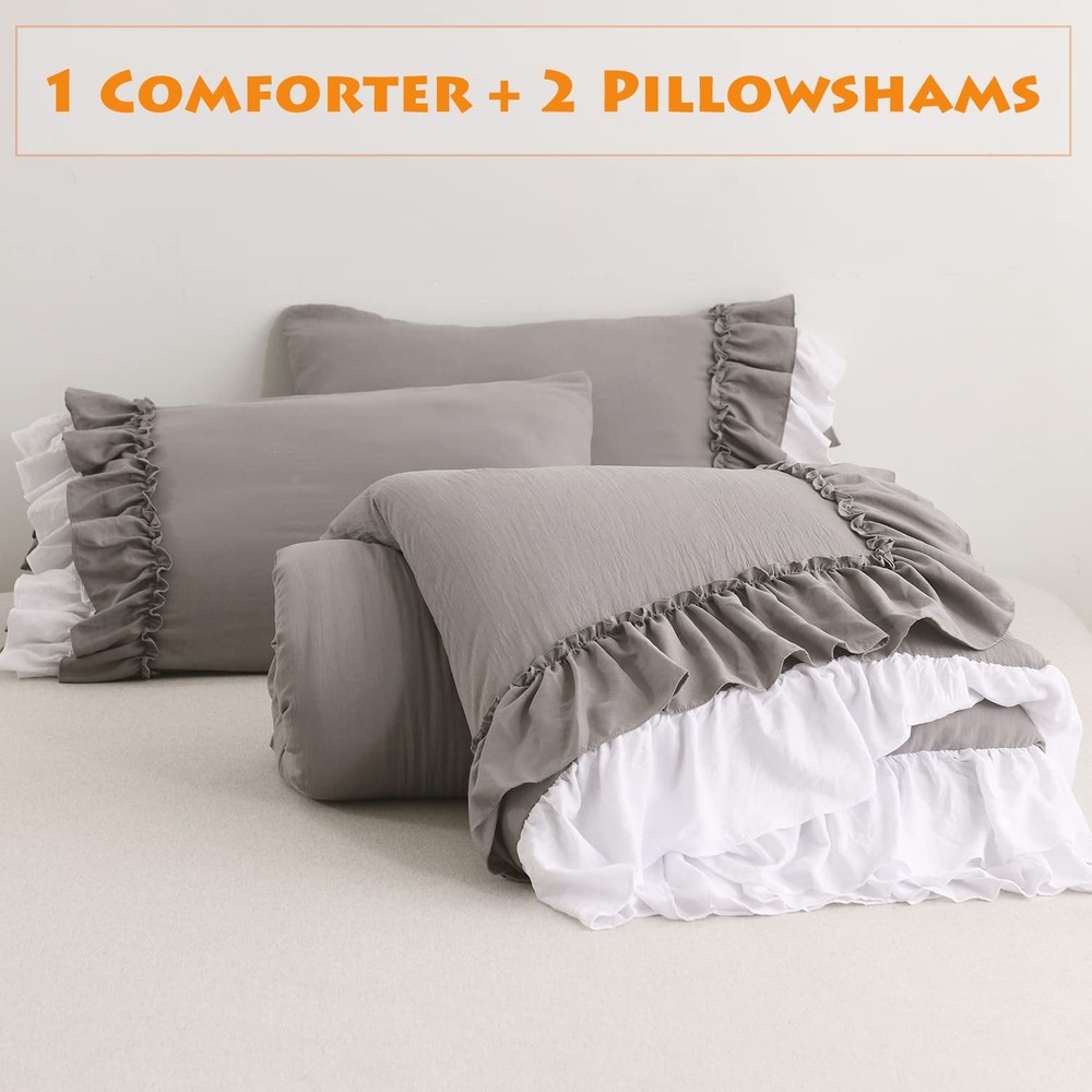 Masaca Ruffle Queen Comforter Set,Grey White Ruffled Comforter Sets for Queen...
