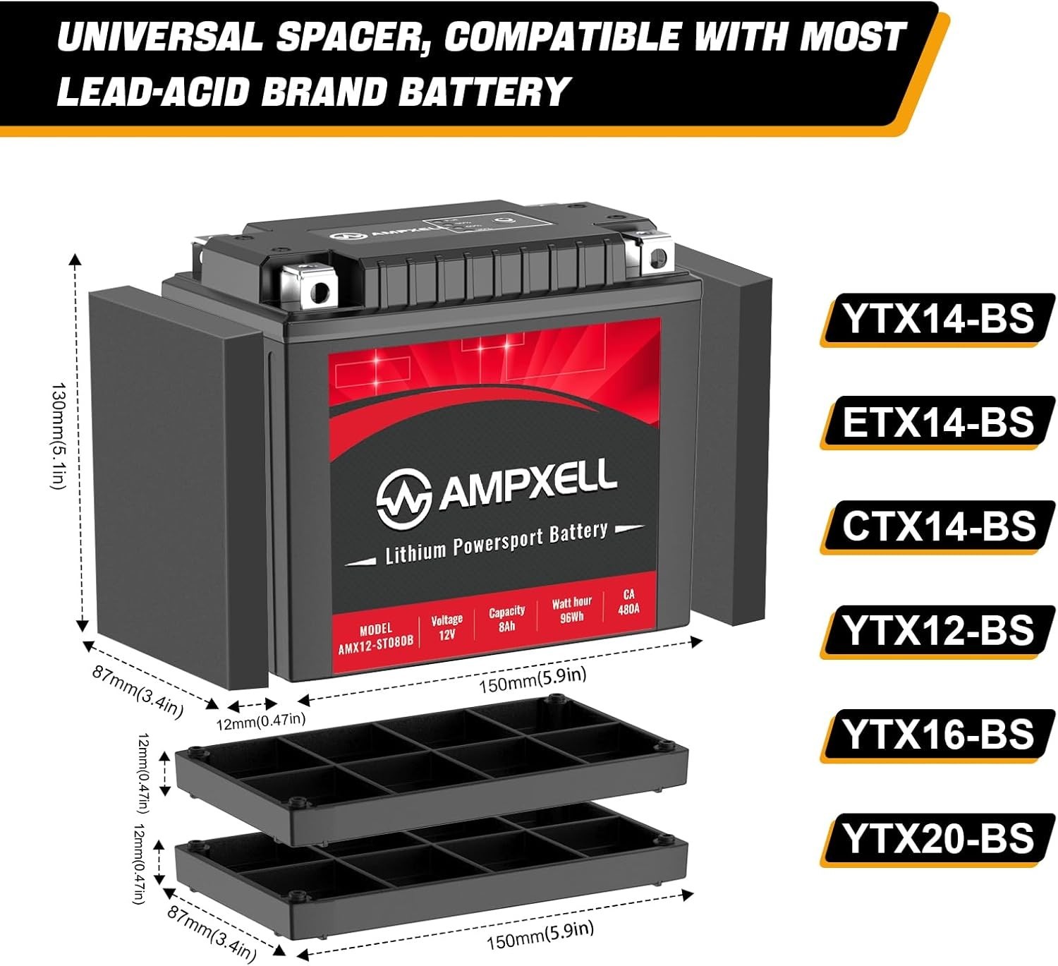 AMPXELL Lithium Powersport Battery, 12V, 4Ah, 48W, YTX20L-BS, ETX20L