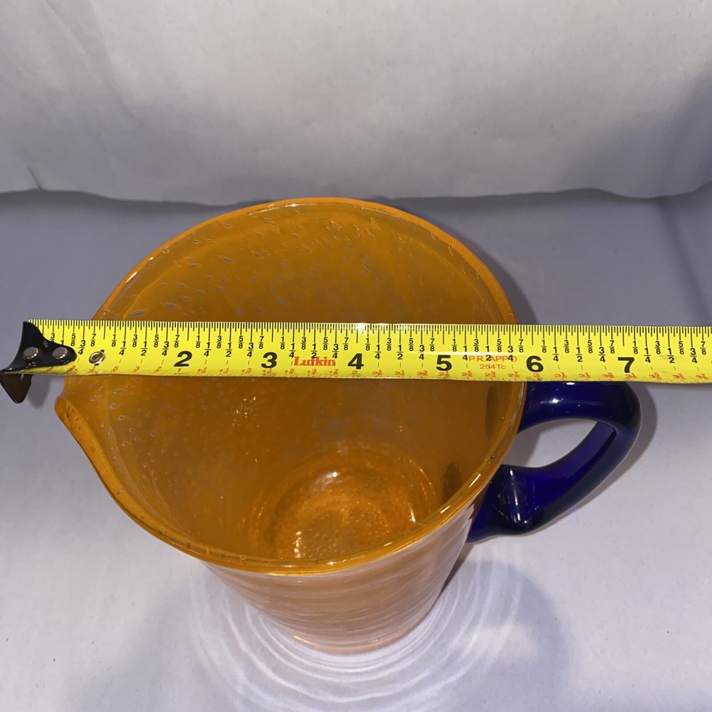 Hand Blown Art Glass Orange Pitcher Cobalt Blue Applied Handle Controlled Bubble