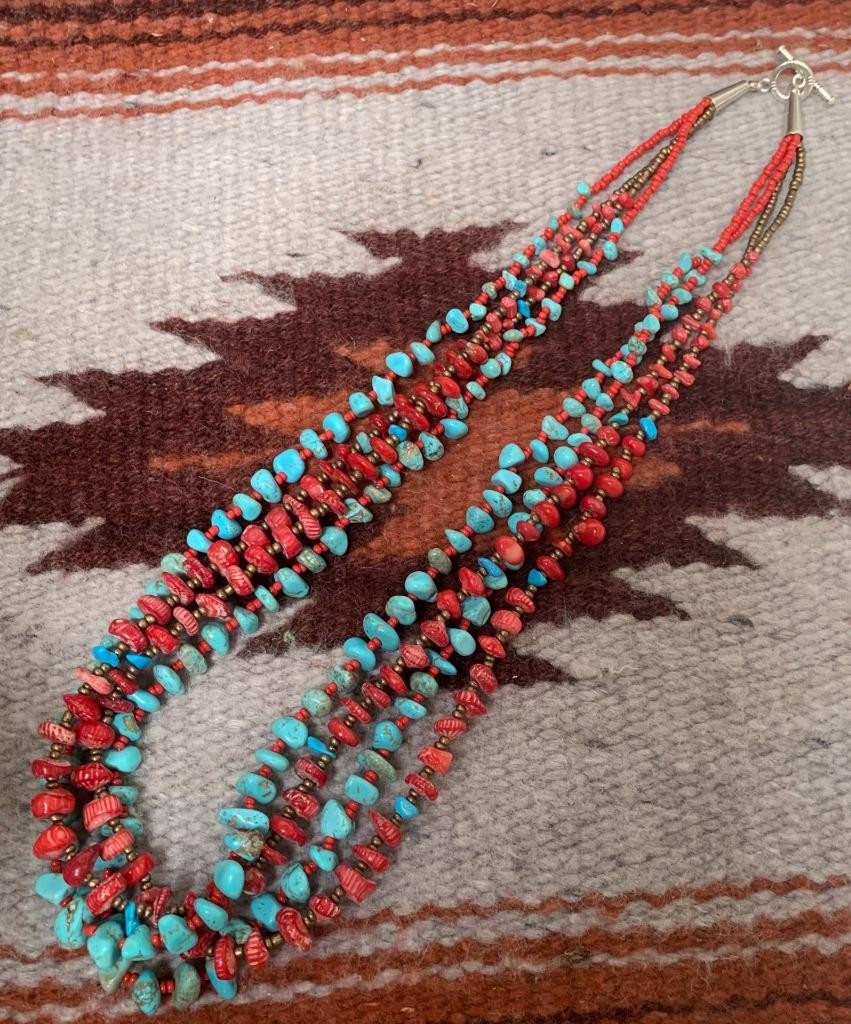 23"  Multi-strands turquoise/coral nugget necklace//gorgeous!!(y402c-w3)
