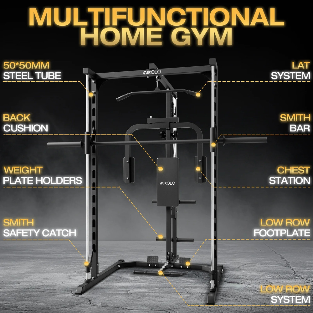Smith Machine Home Gym, Multi-Functional Power Rack with Pec Deck Machine, Lat P