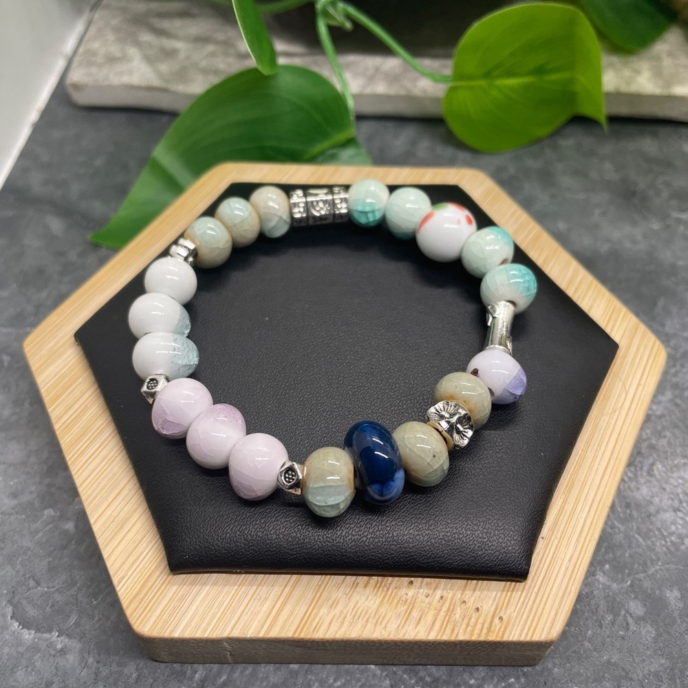 Handmade Ceramic Bead Beaded Stackable 6.5” Plus Stretch Bracelet New B478