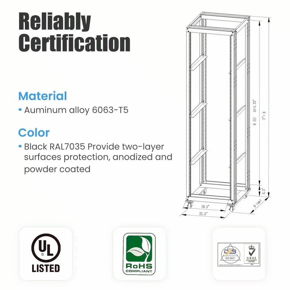 15U 4 Post Open Frame 19" Server Steel Rack 24" Deep With Supporting rails