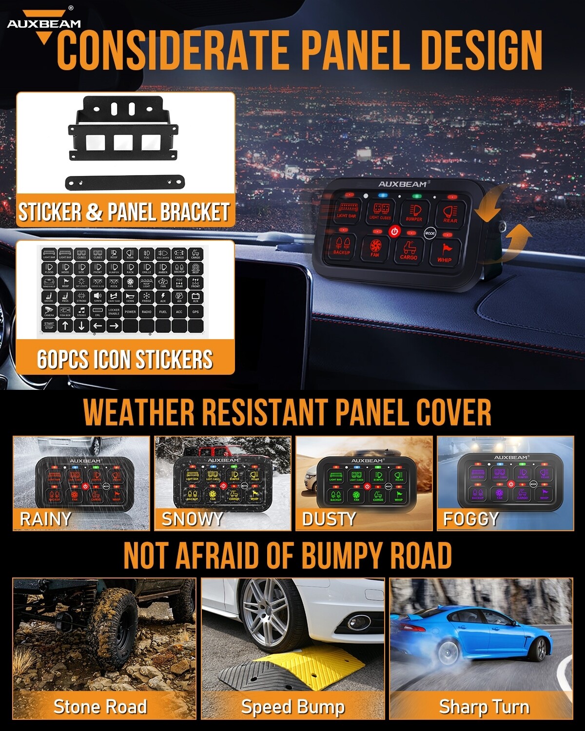 AUXBEAM RGB 8 Gang Switch Panel Toggle LED Light Bar Switch Relay System Marine