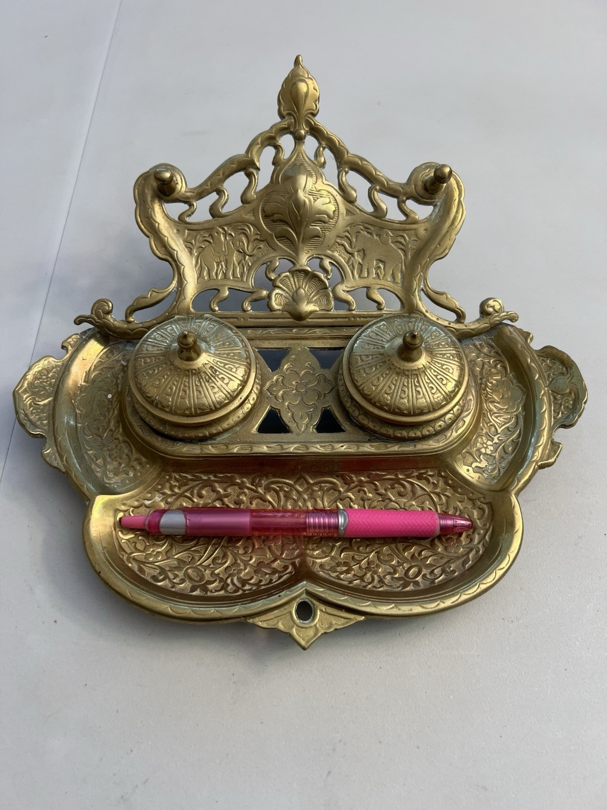 Vintage Gilded Cast Brass Art Nouveau Elephants Ornate Double Inkwell