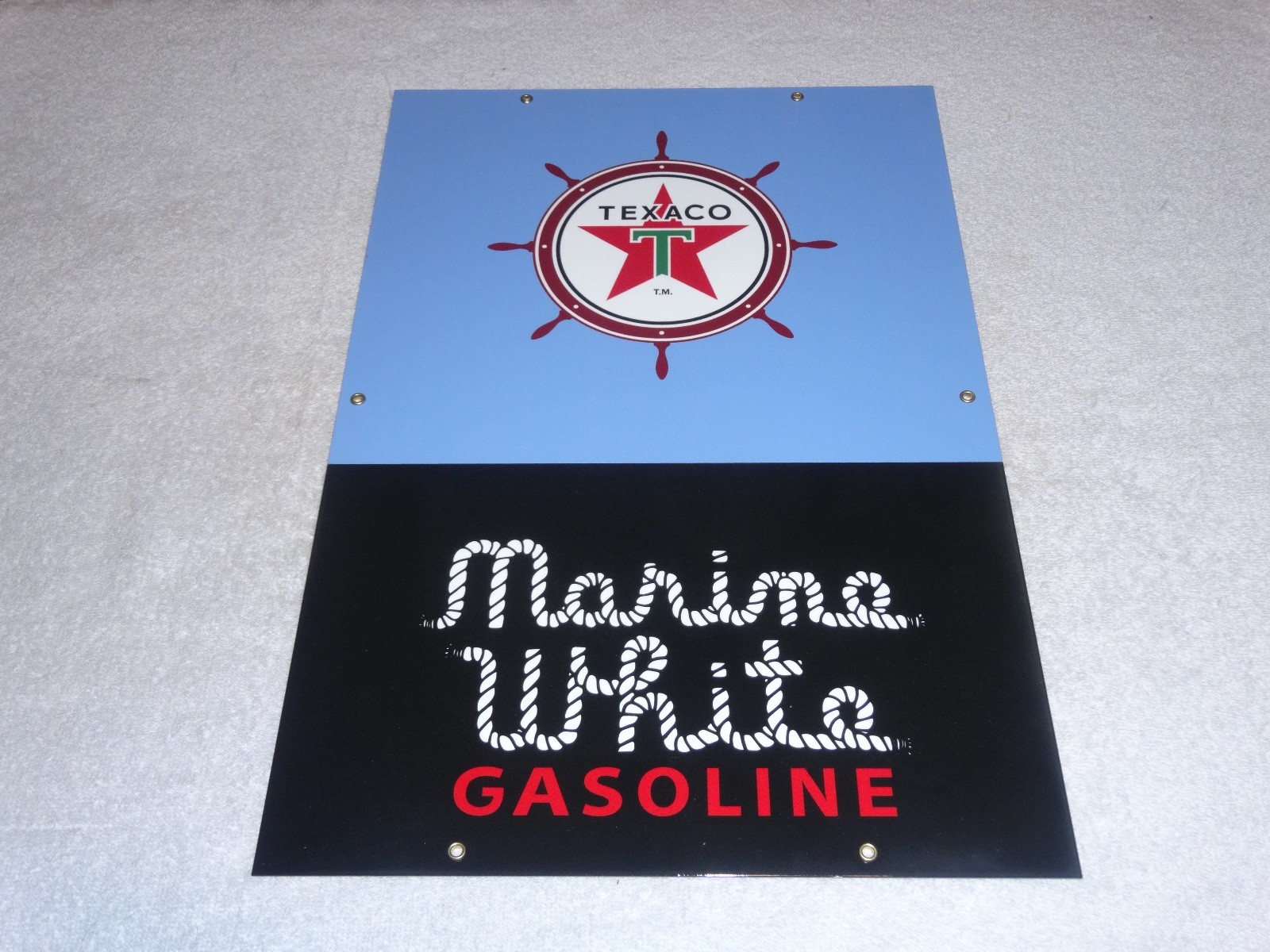 VINTAGE TEXACO MARINE WHITE GASOLINE 18" PORCELAIN METAL GAS OIL PUMP PLATE SIGN