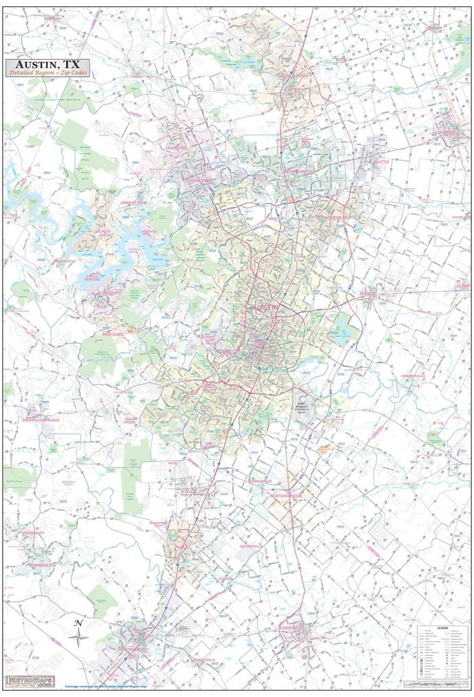 Greater Austin TX Detailed Region Wall Map w/Zip Codes