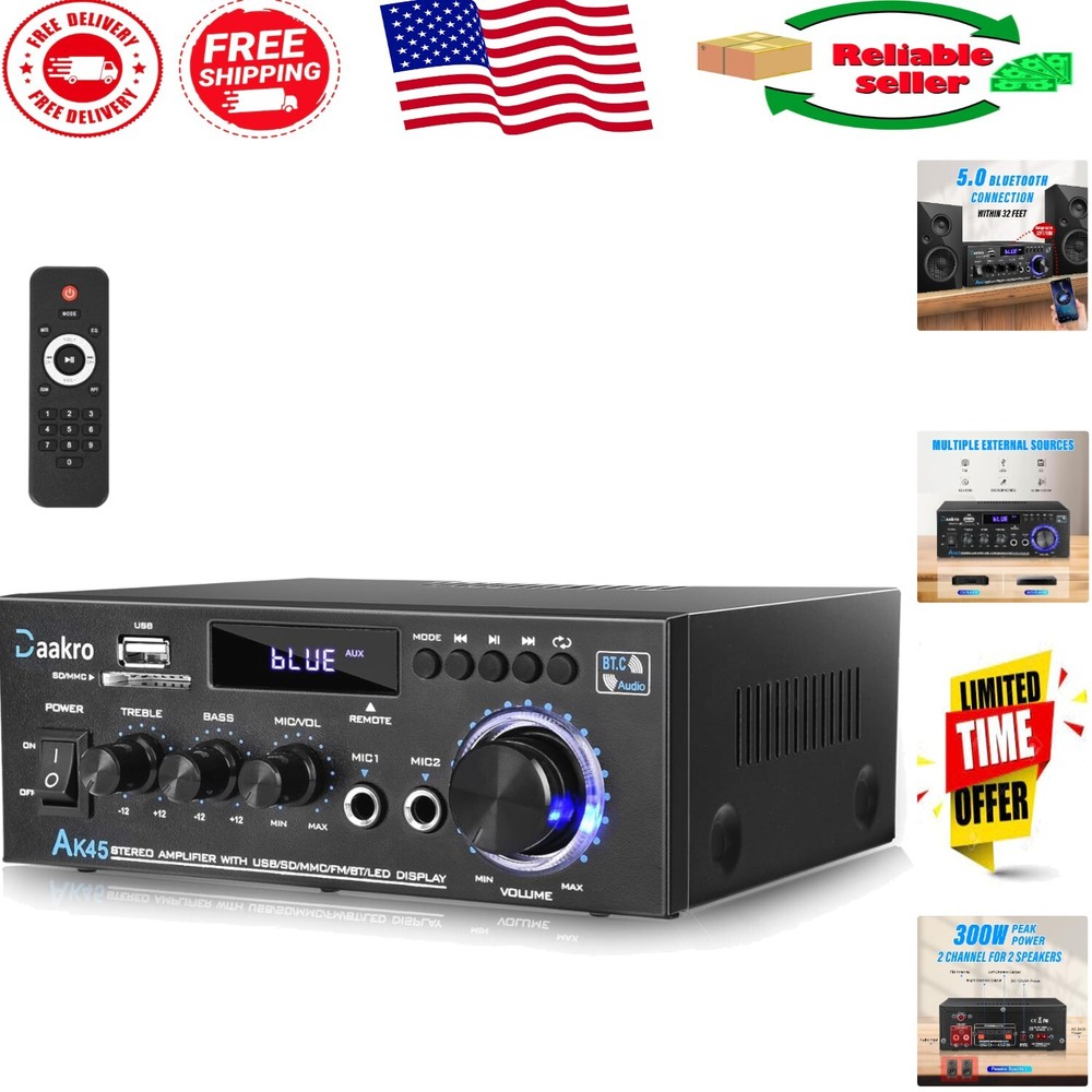 Compact 300W Home Audio Amplifier with Bluetooth & Remote Control Functionality