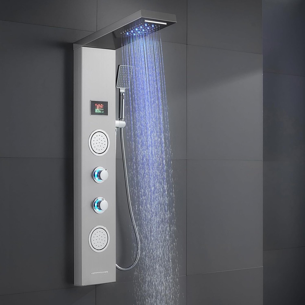 ROVATE Shower Panel Tower System LED Rainfall Waterfall Head 5-in-1 Stainless