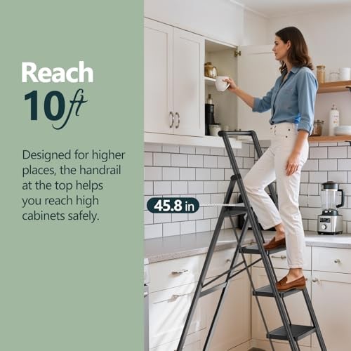 Step Ladder for Home, Foldable Step Stool for 5 Step with Handrail Black