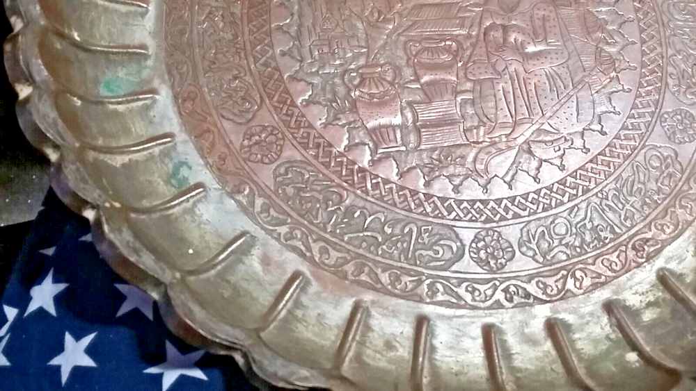 Antique Copper Tray Plate Engraved Repousse Middle Eastern Persian Arabic