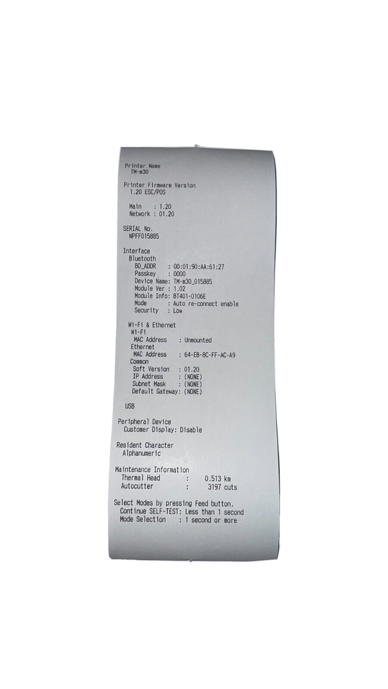 Epson TM-M30 Receipt Printer M335B [USB-LAN-Bluetooth] Adapter/Roll