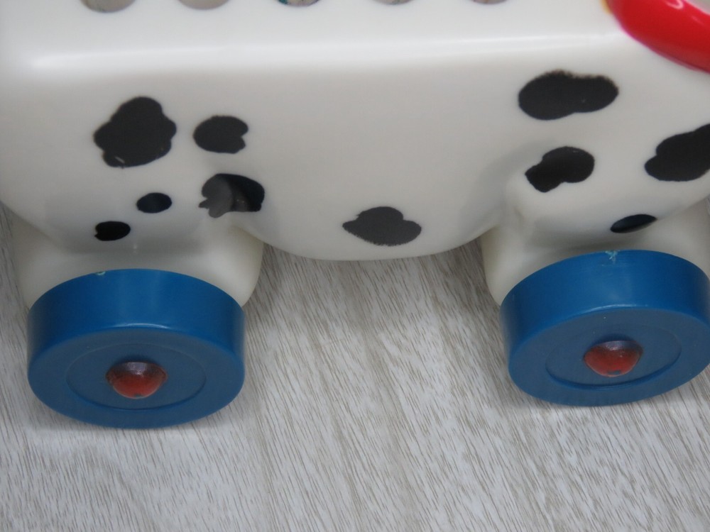VTG J.S.N.Y. Pull Along Pup Crayon Holder Plastic Pull Toy Dalmatian READ