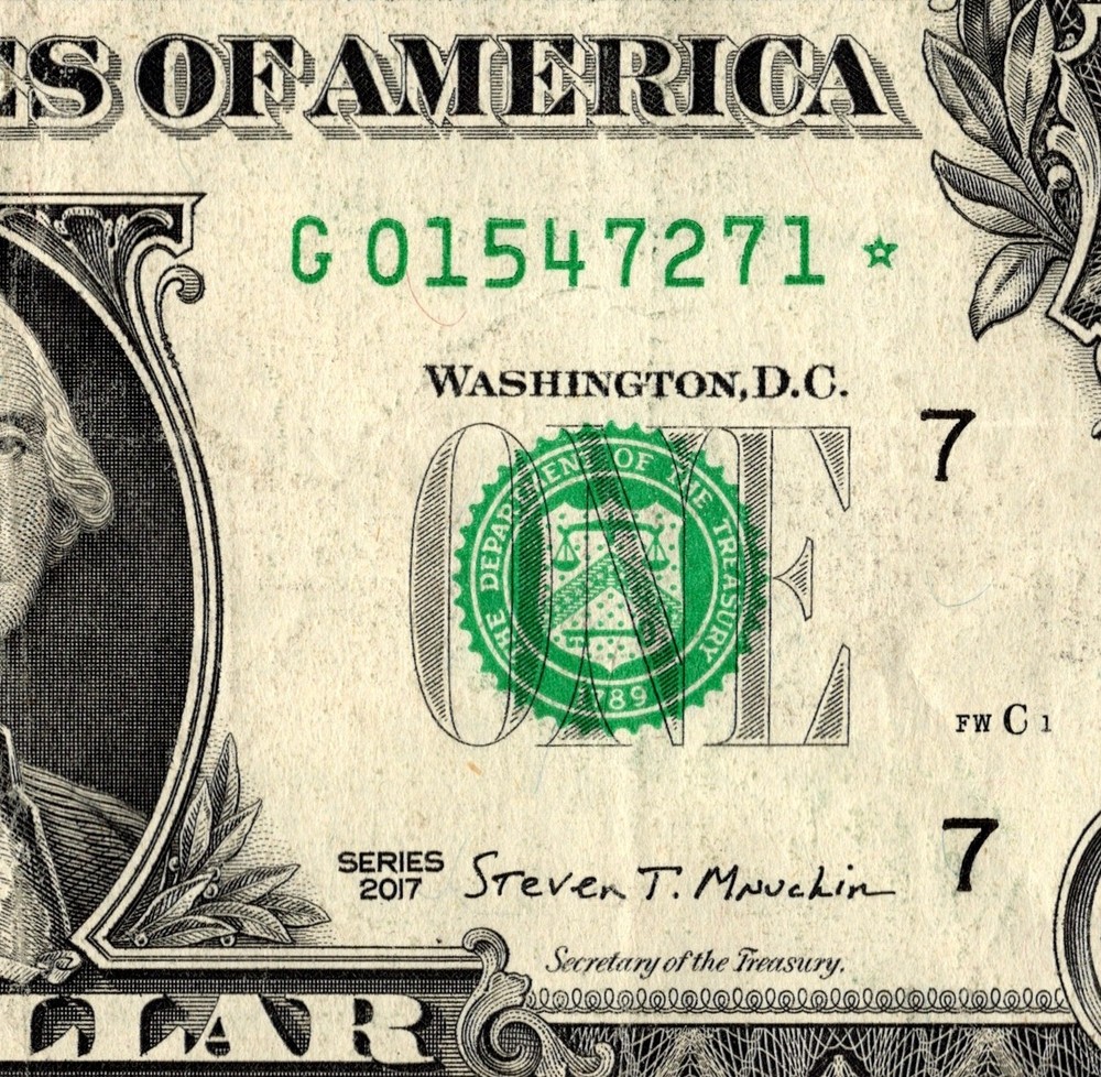 2017 G Star note Fancy Serial Number Regular Run One Dollar Bill