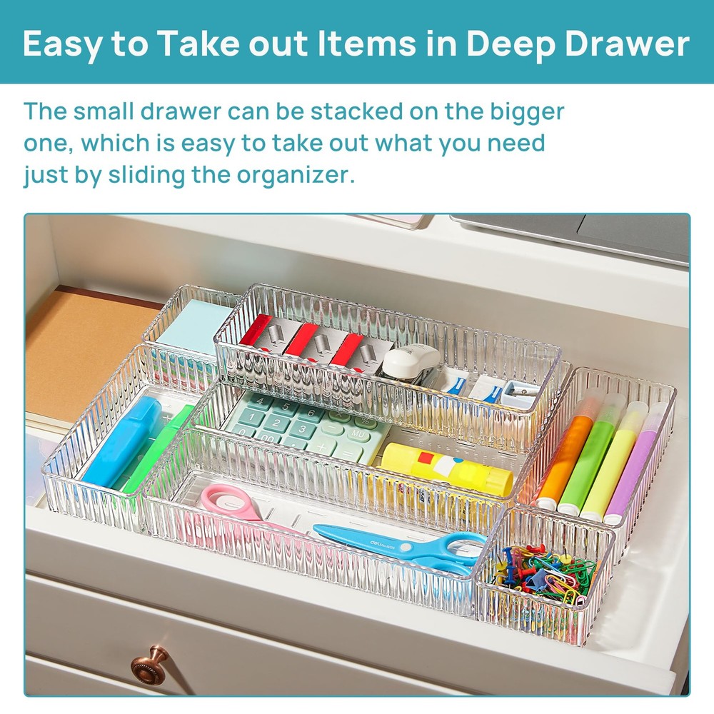 7 PCS Clear Drawer Organizers Bins, 4-Size Stackable Makeup and Vanity Drawer...