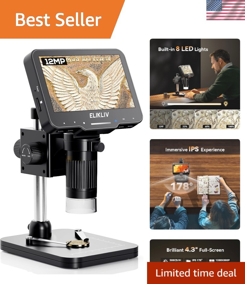 Coin Microscope for Adults: 4.3'' LCD Digital Microscope 1000x with 8 Adjusta...