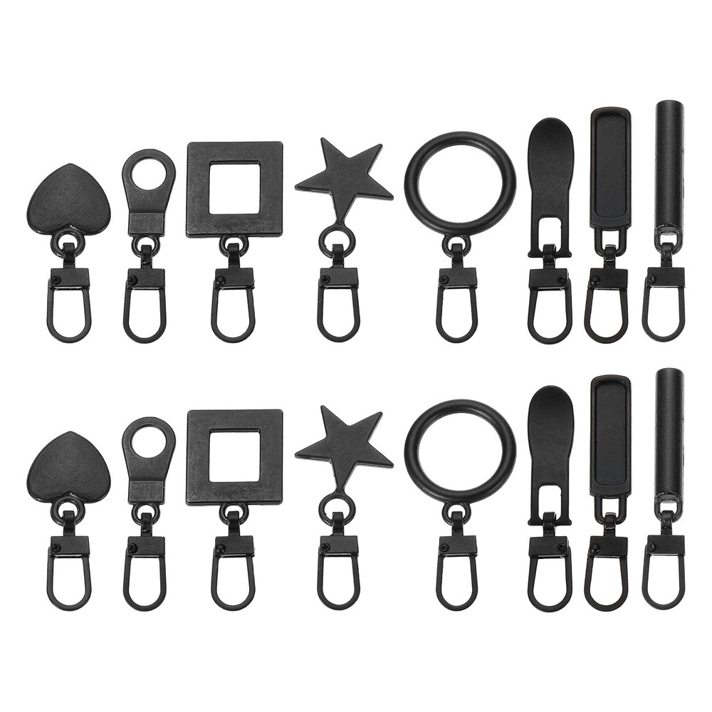 16 Pcs Zipper Pull, 1.77 Inch Metal 8 Type Zip Puller Zipper, Black