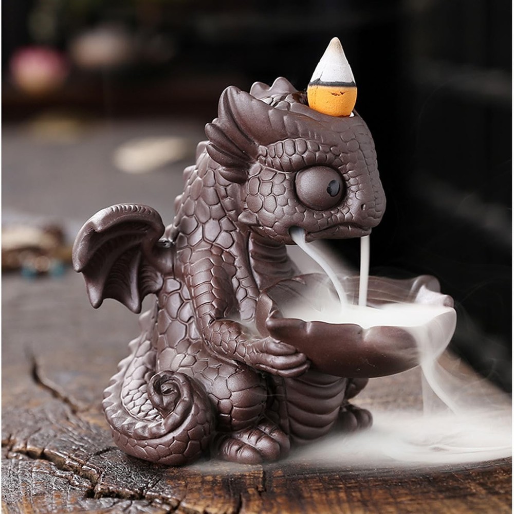 Ceramic Dragon Incense Burner, Cute Dinosaur Backflow Holder Brown