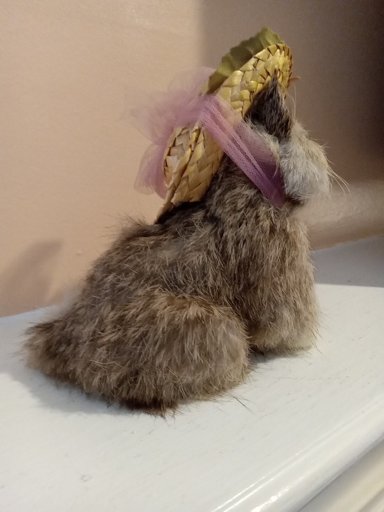 Fancy Cat Kitten Rabbit Fur Straw Hat 5.5" Figure