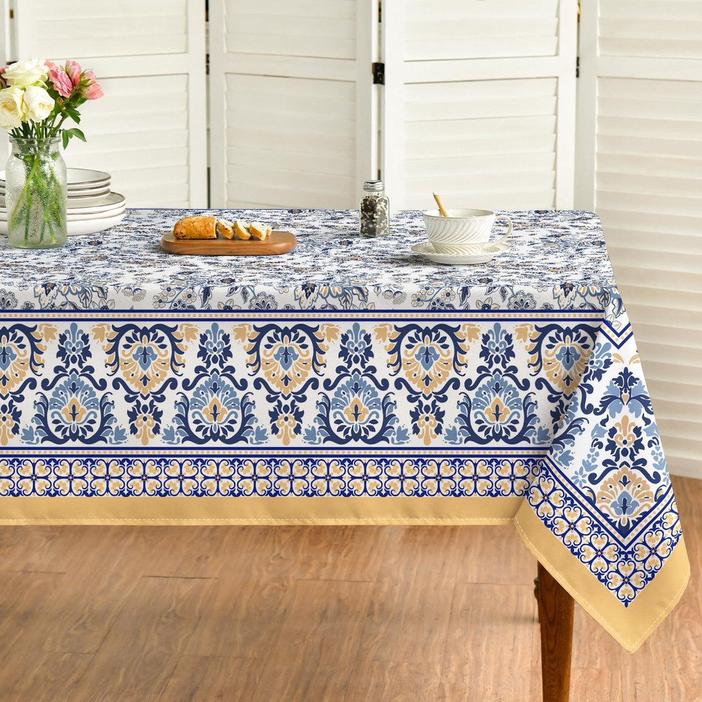Arabesque Rectangular Tablecloth 52X70 Inch, Yellow and Blue Floral Rustic Washa