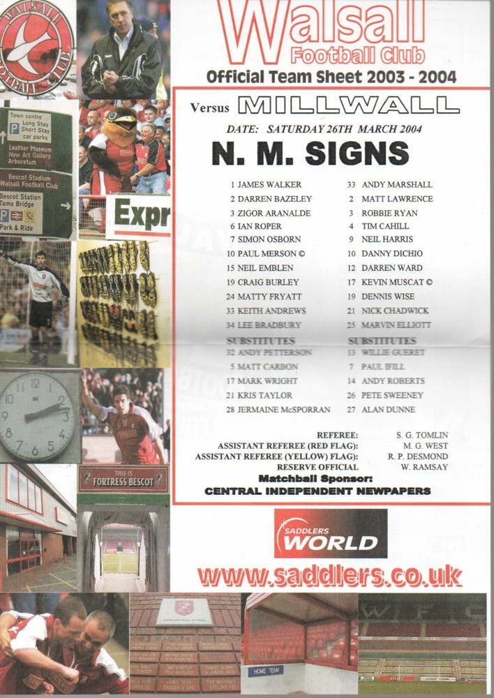 Team Sheet - Walsall v Millwall 26.3.2004