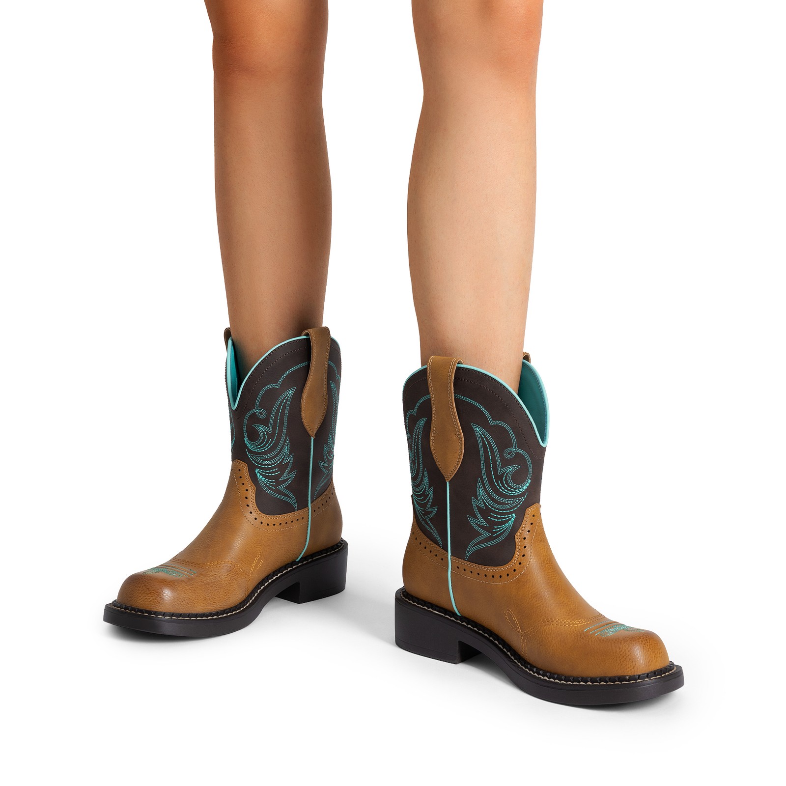 US Women Mid Calf Boots Western Boot Round Toe Embroidered Cowboy Cowgirl Boots