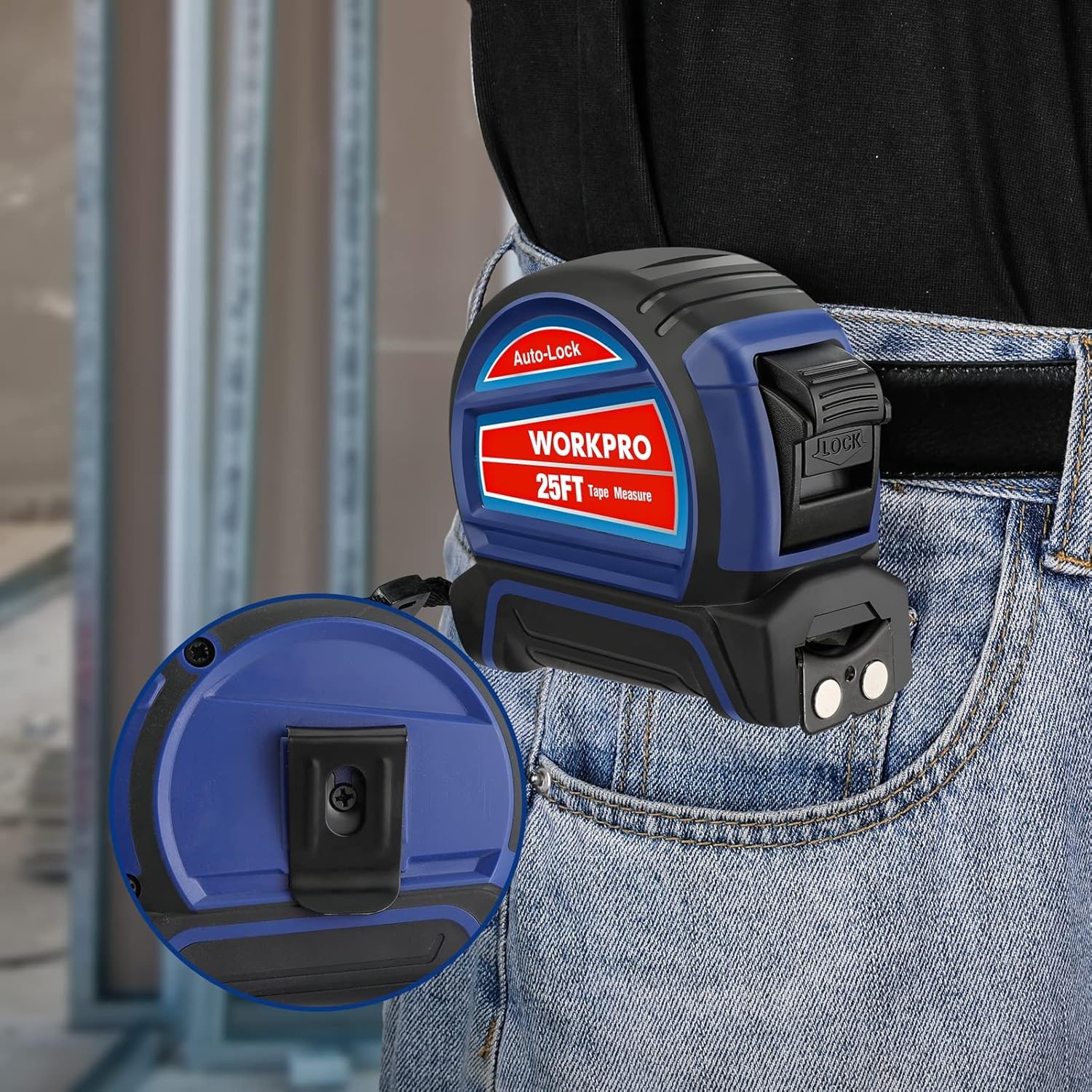 WORKPRO 25 FT Auto-Lock Tape Measure Magnetic Hook Fractions 1/8" 1/32" Accuracy