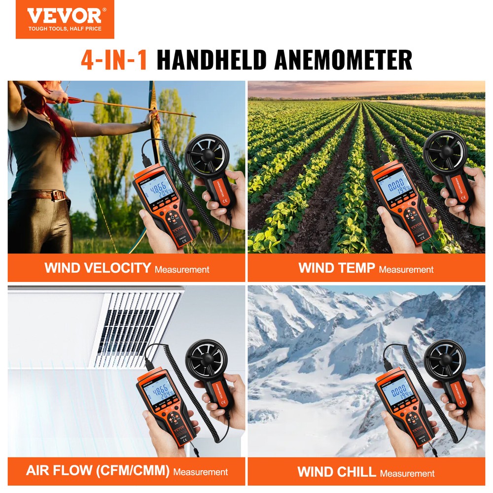 VEVOR Split Handheld Anemometer Digital Wind Speed CFM Meter Gauge 14-140℉ LED