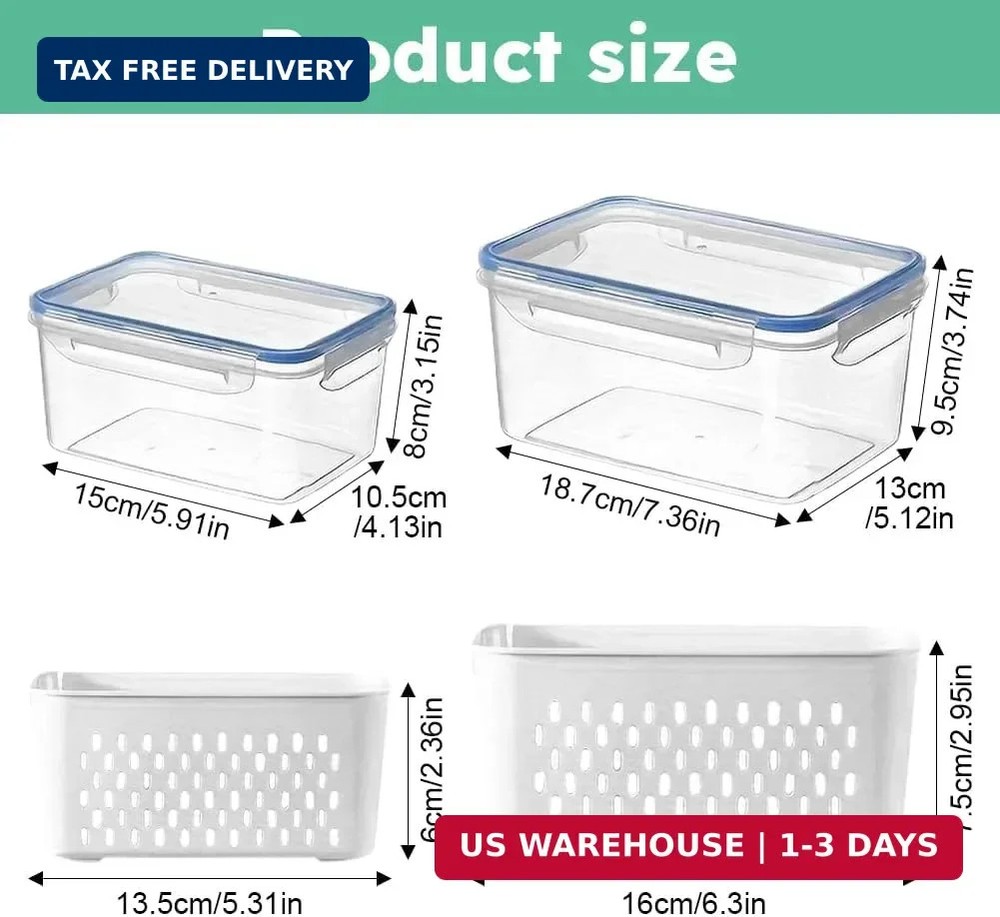 2 Pack Fruit Storage Containers for Fridge, Stackable Food Storage Containers wi