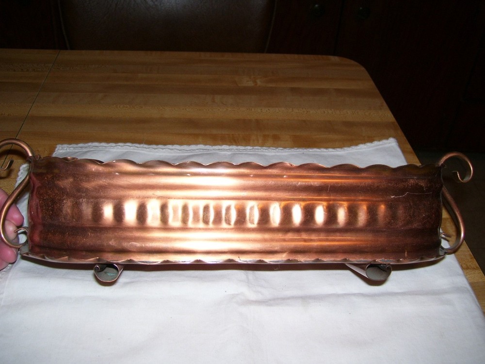 Vintage Gregorian Hand Hammered Solid Copper Elongated Planter with Handles