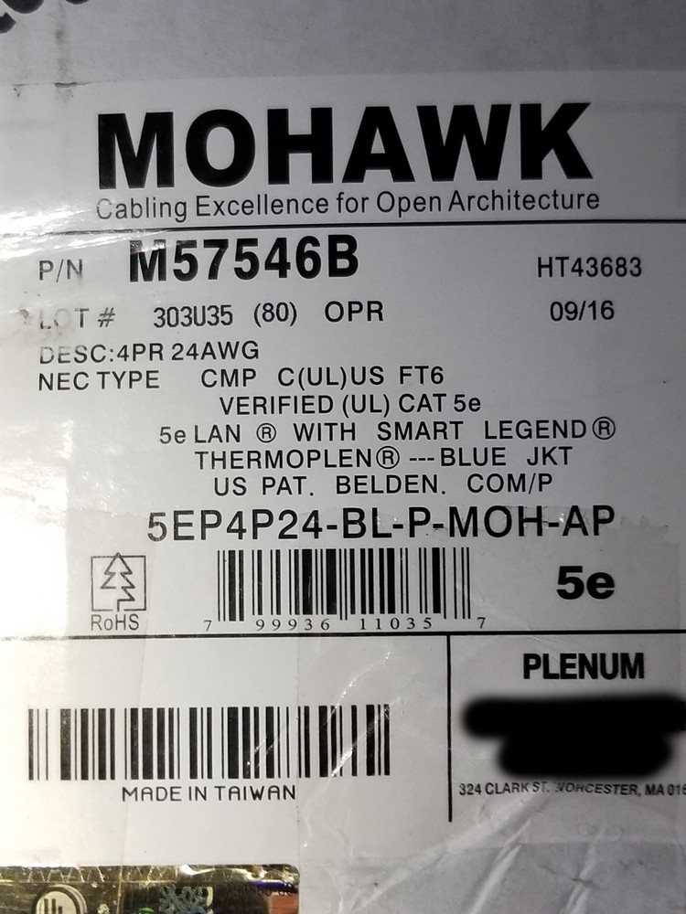 Belden Mohawk M57546 24/4P CAT5e LAN UTP Networking Cable Plenum Blue /100ft