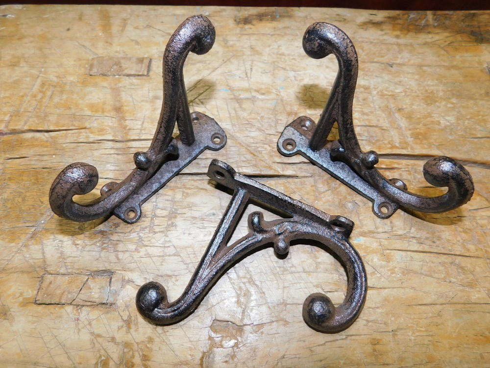 3 Cast Iron Brown Victorian Style Coat Hooks Hat Hook Rack Hall Tree SCHOOL