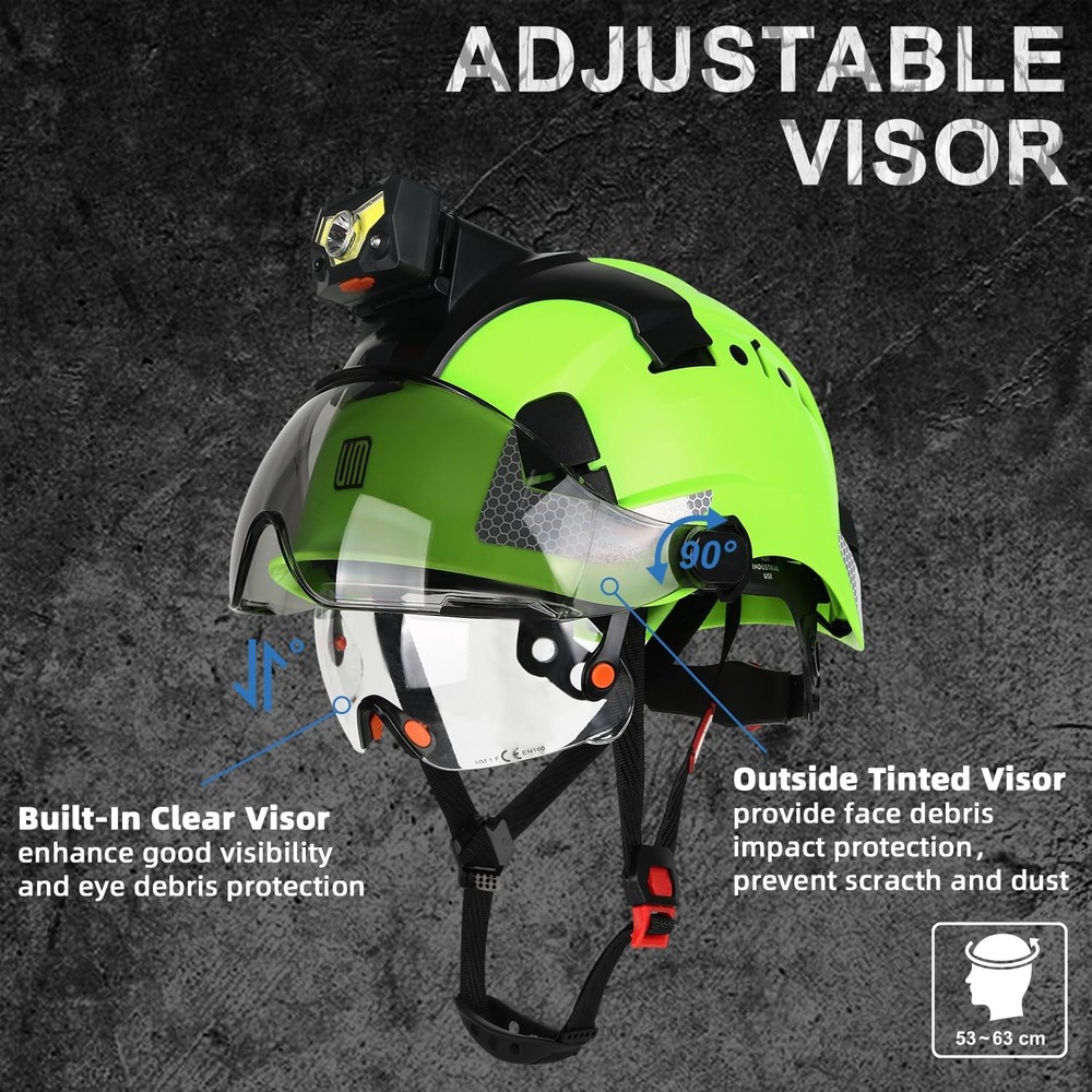 Safety Helmet Hard Hat with Rechargeable Headlamp Light and Visor Constructio...