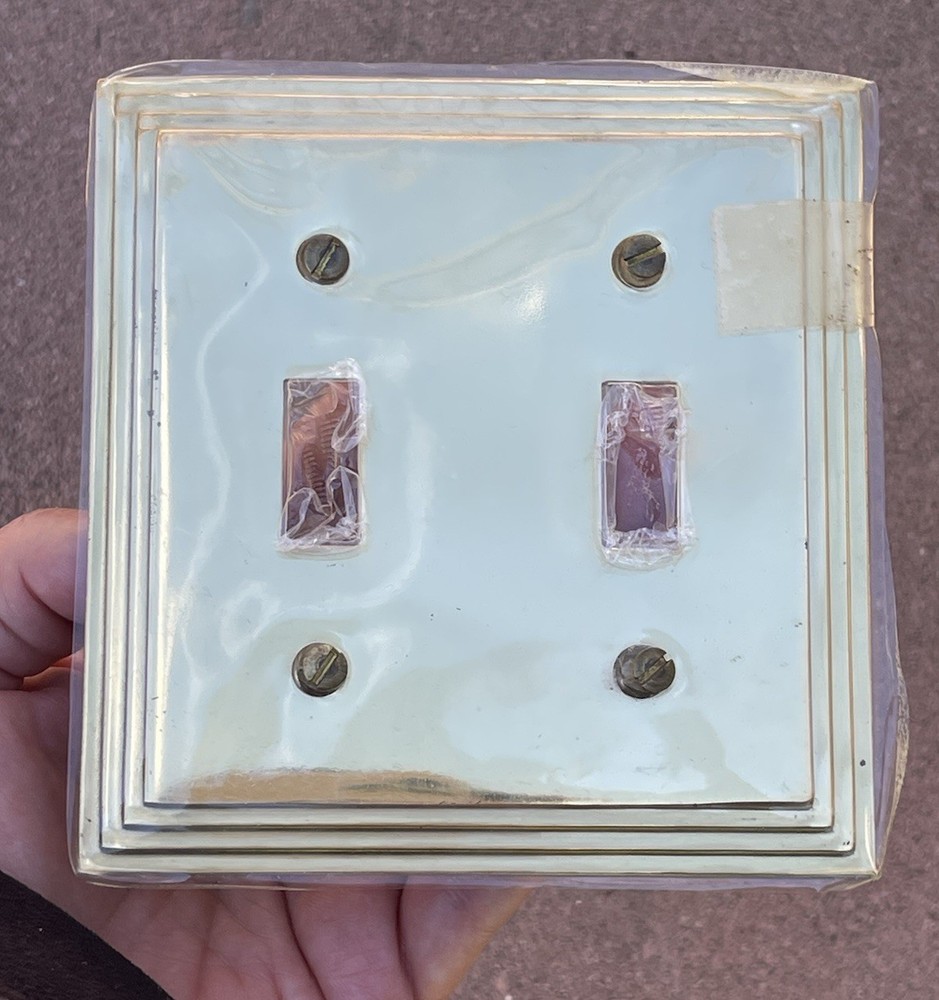 VTG Double Toggle Light Switch Plate Solid Brass MCM Art Deco STEP border UNUSED