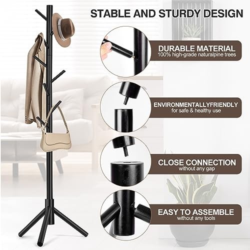 Coat Rack, Freestanding Coat Rack with 8 Hooks and 3 Adjustable Size Tree Black