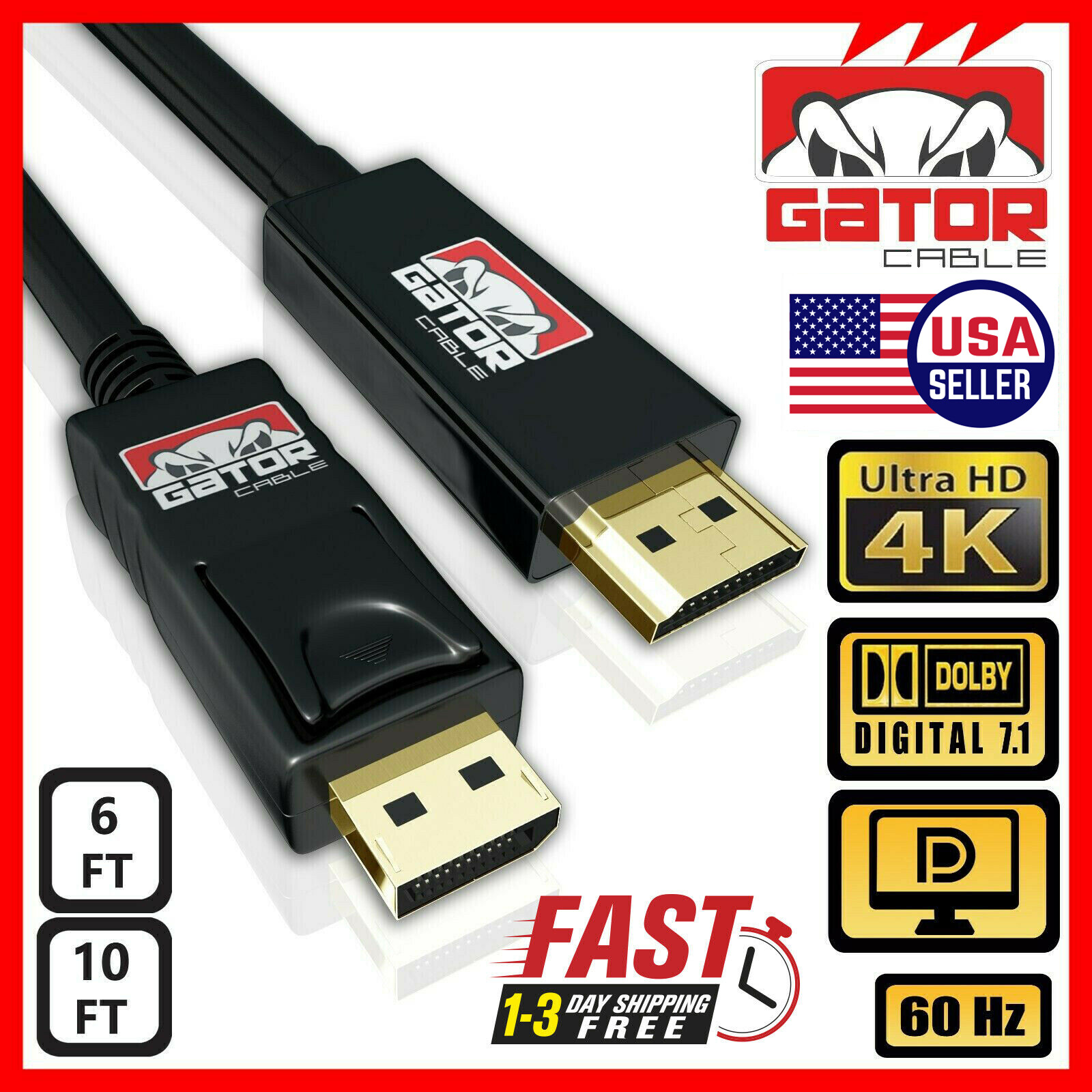 4K Display Port DP to HDMI Cable 60Hz 2160P 25.92Gbps HDR Audio Video Adapter PC