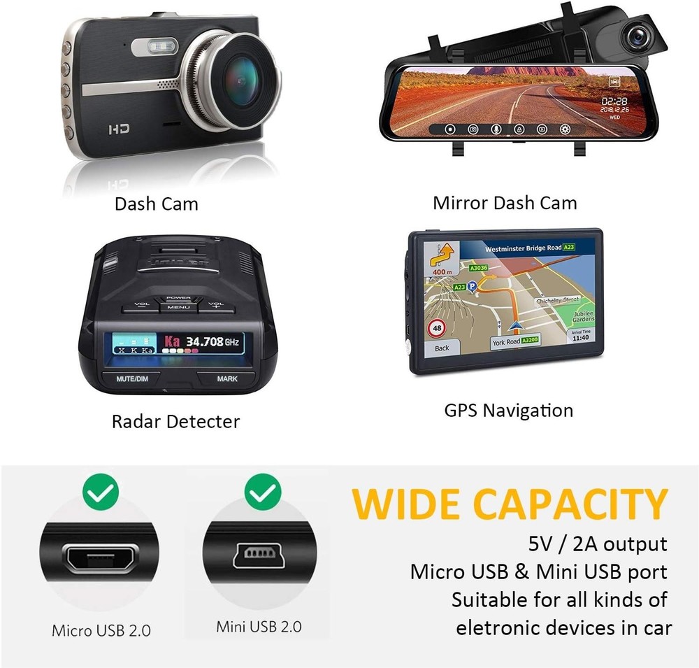 Dash Cam Hardwire Kit - 4m Mini & Micro USB Cable with Battery Drain Protection