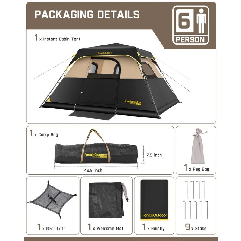 FanttikOutdoor 6 Person Instant Cabin Tent Setup in 60 Seconds with Rainfly & Wi