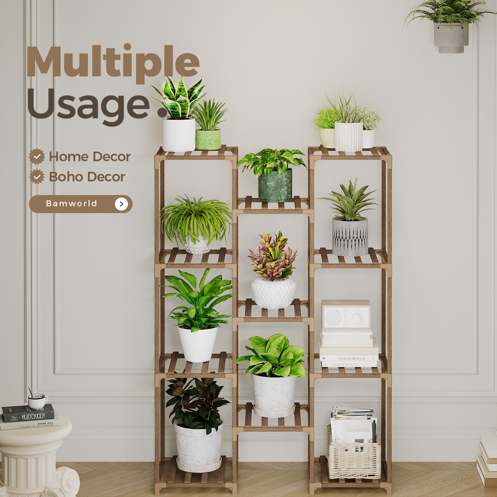 Bamworld Plant Stand Tall Plant Shelf for Multiple Plant Pots Wood Flower Stand