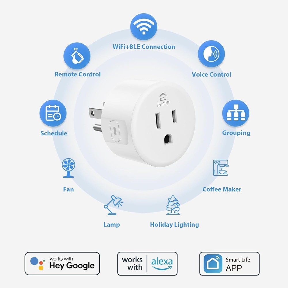 EIGHTREE Smart Plug 4-Pack WiFi Outlet Alexa Google Home Remote Timer