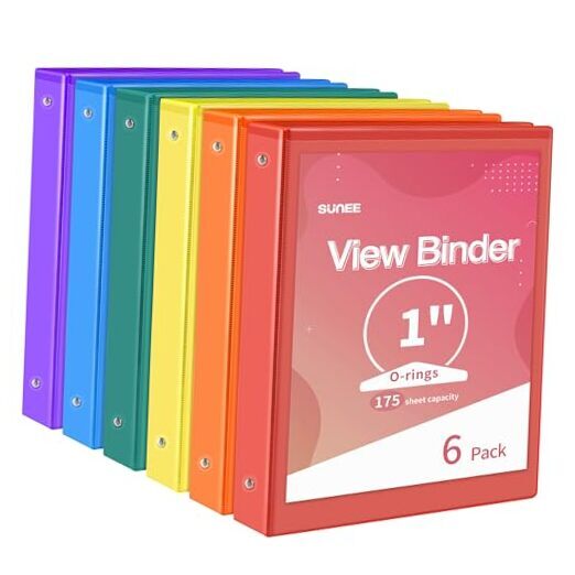 3 Ring Binder 6 Pack, Clear View Binder Three Ring 1 Inch Classic Assortment