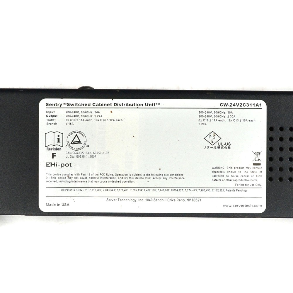 Server Technology CW-24V2C311A1 Sentry Distribution Unit 240V C13 C19 L6-30P