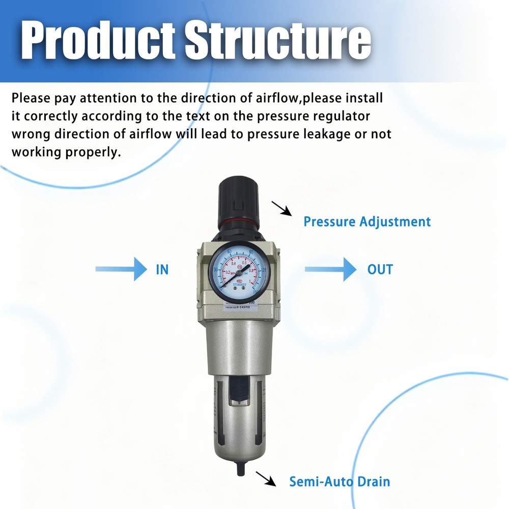 1”NPT Compressed Air Filter Regulator Piggyback Combo, auto Drain