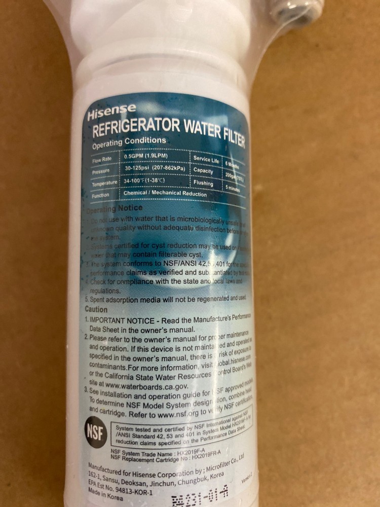Hisense HX2019F-A Inline Water Filter w/ Quick Connect Head NSF- Ice