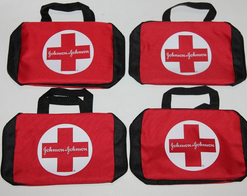 LOT (4) JOHNSON & JOHNSON FIRST AID KIT CASE ONLY RED EMERGENCY BAG EMPTY INSIDE