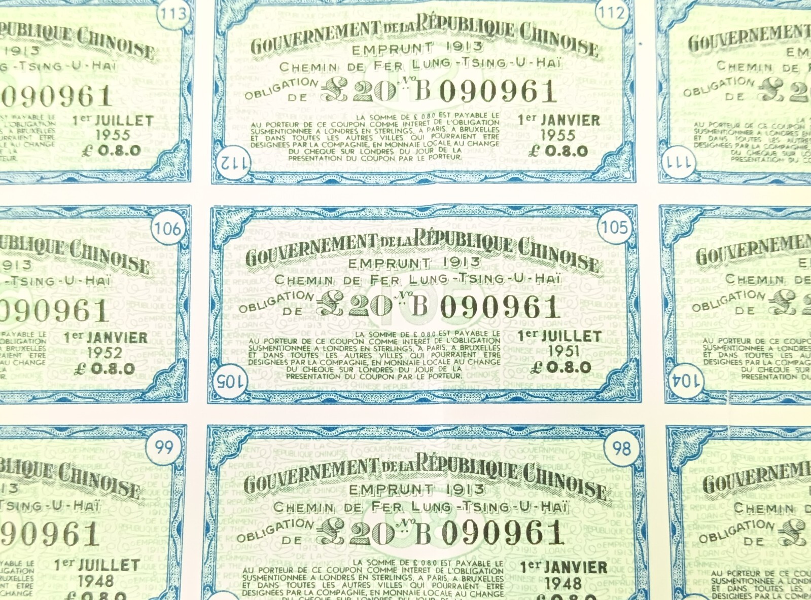 China 1913 Lung-Tsing-U-Hai Railway Bond Super Petchili 5% Gold Loan W/ COA