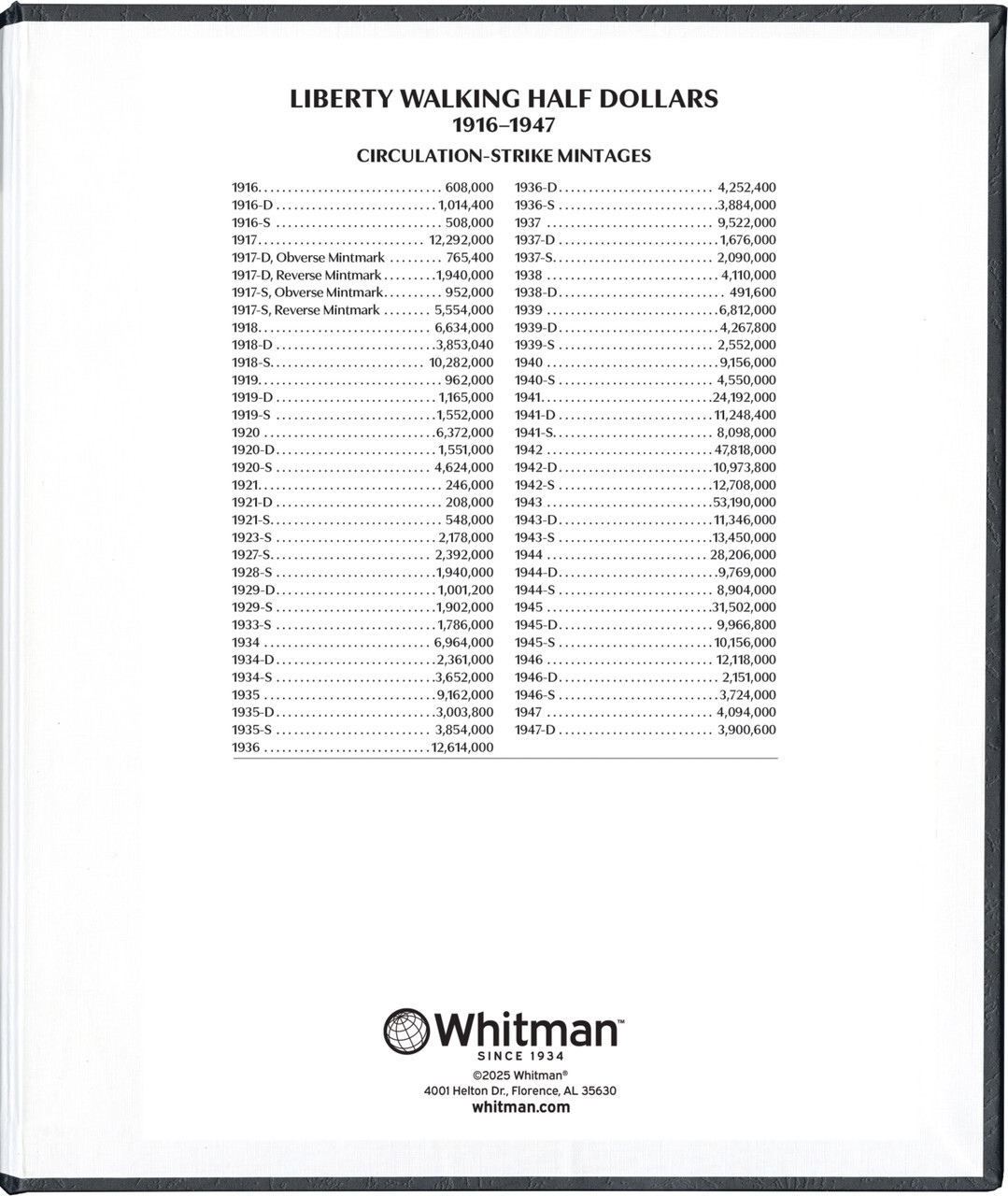 Whitman Prestige™ Album-Liberty Walking Half Dollars: 1916-47 Date/Mintmark Set