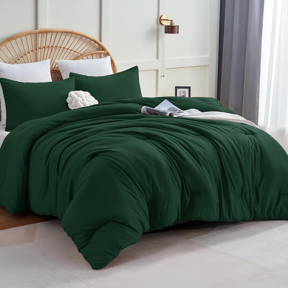 King Size Comforter Set Emerald Green, 3 Pieces Solid Comforters King Size Br...